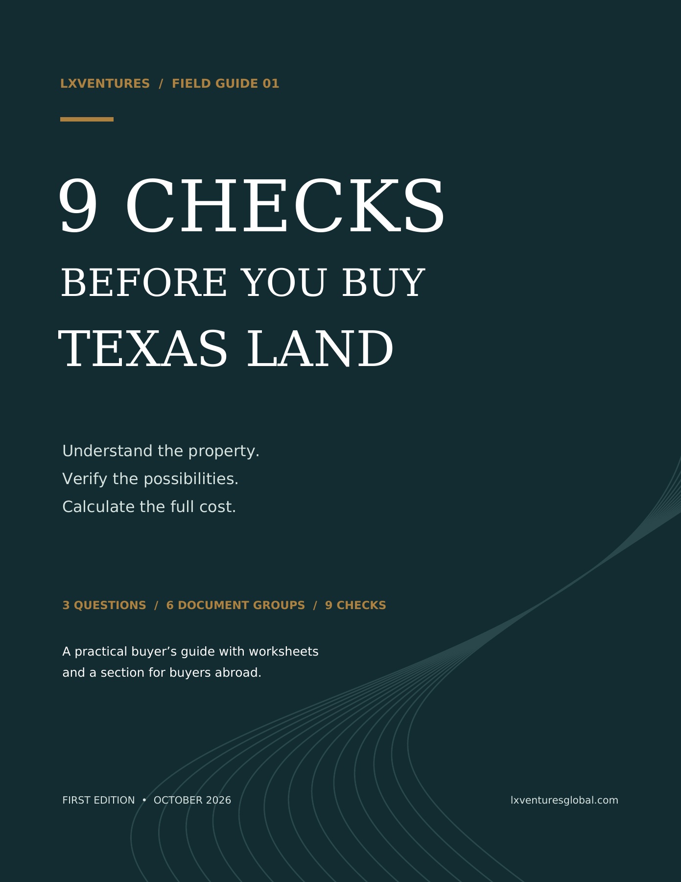 9 Checks Before You Buy Texas Land, an LXVentures ebook with a dark green and gold cover.